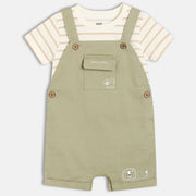 Baby Boys Striped T-Shirt With Solid Dungaree Set, Green And White