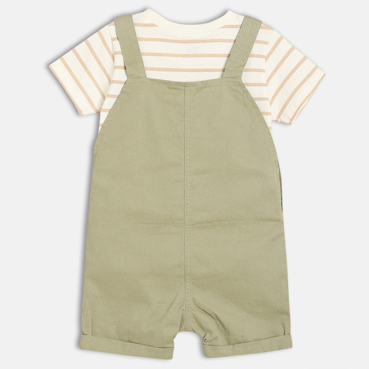 Baby Boys Striped T-Shirt With Solid Dungaree Set, Green And White