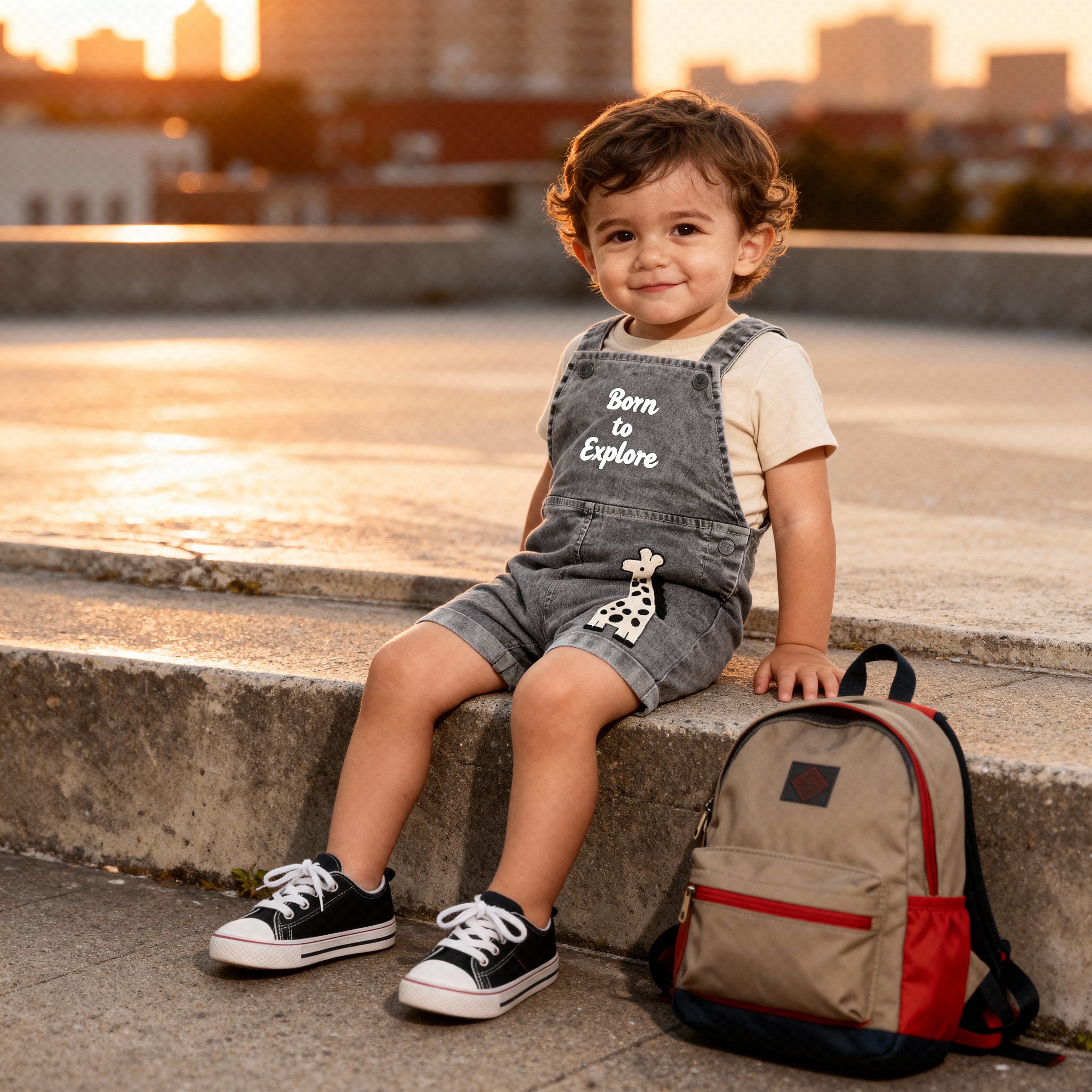 Baby Boys Printed T-Shirt With Dungaree Set, Beige And Grey