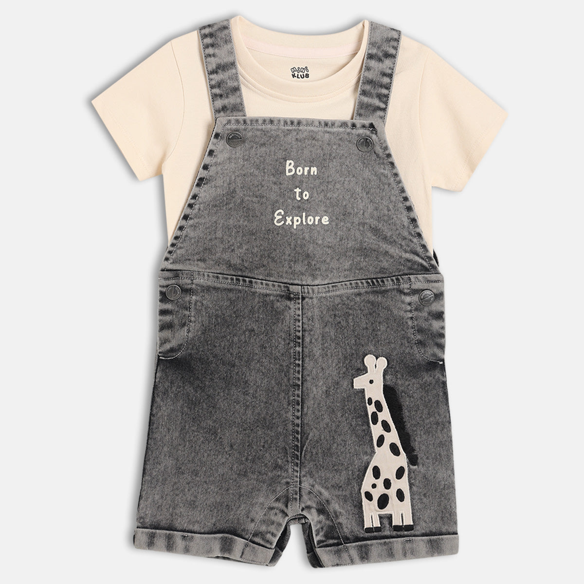 Baby Boys Printed T-Shirt With Dungaree Set, Beige And Grey