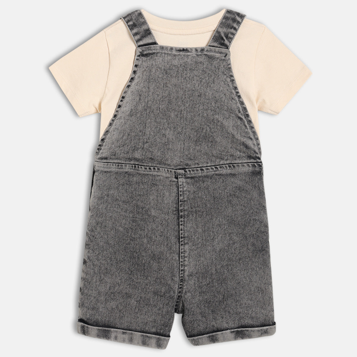 Baby Boys Printed T-Shirt With Dungaree Set, Beige And Grey