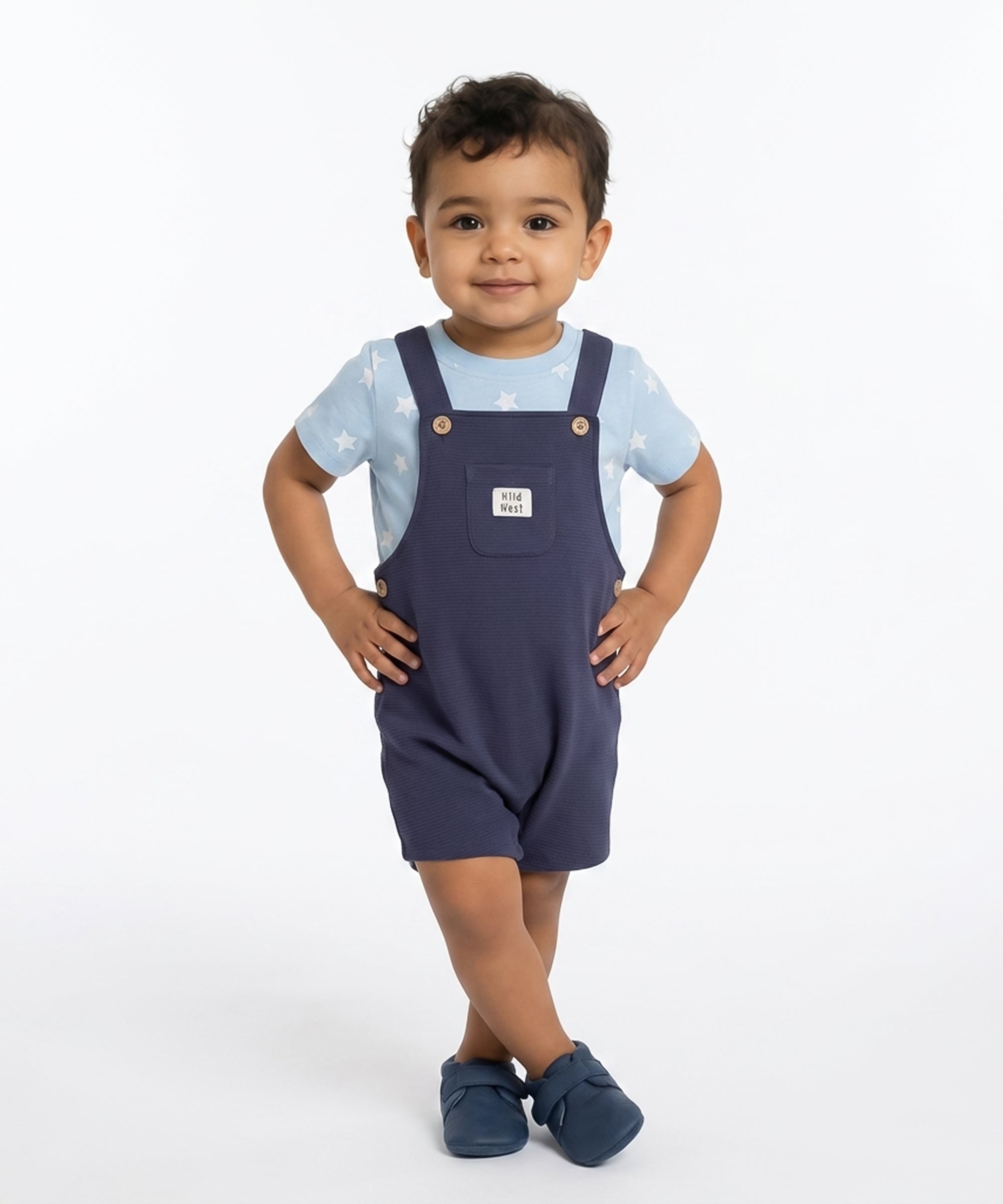Baby Boys Star Print T-Shirt And Knit Dungaree Romper Set, Light Blue and Navy Blue