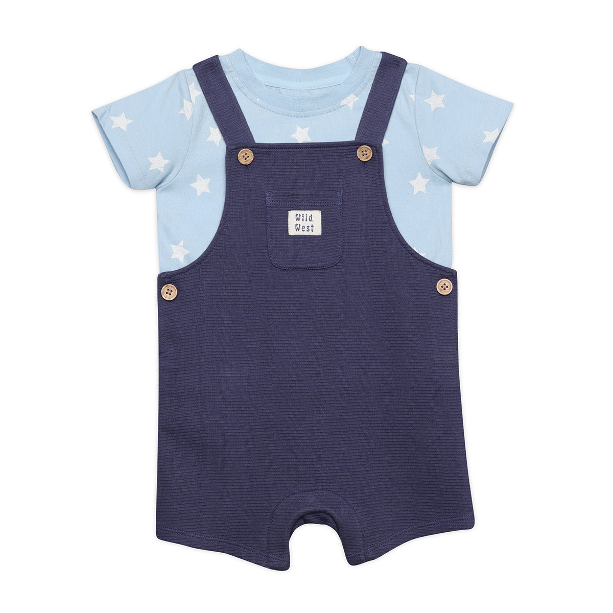 Baby Boys Star Print T-Shirt And Knit Dungaree Romper Set, Light Blue and Navy Blue