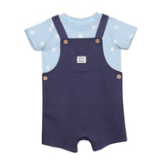 Baby Boys Star Print T-Shirt And Knit Dungaree Romper Set, Light Blue and Navy Blue