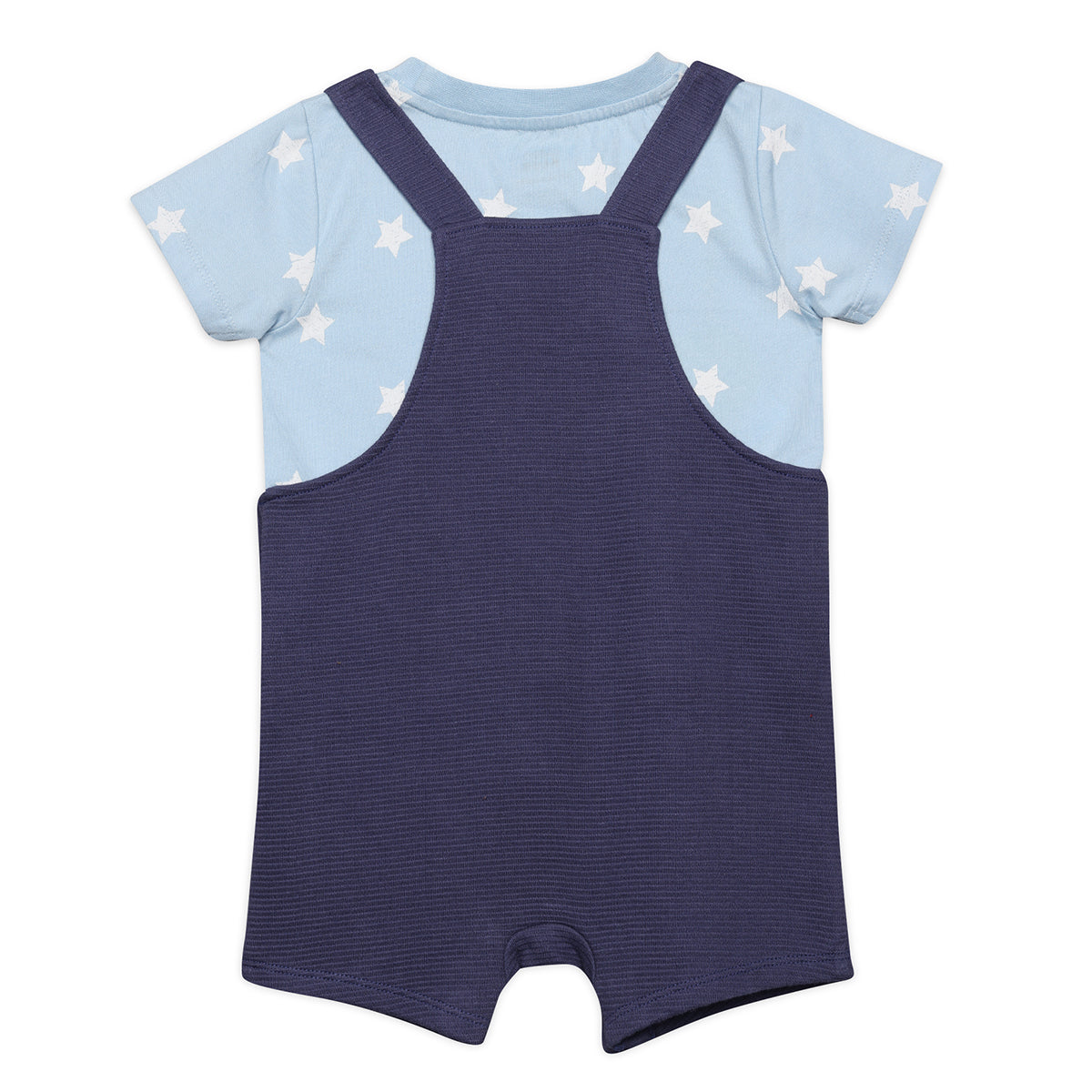 Baby Boys Star Print T-Shirt And Knit Dungaree Romper Set, Light Blue and Navy Blue