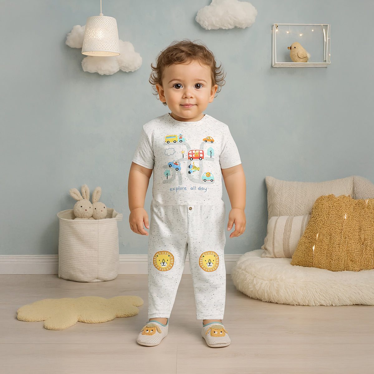 Baby Boys Lion Patch Knit Bottom, Grey