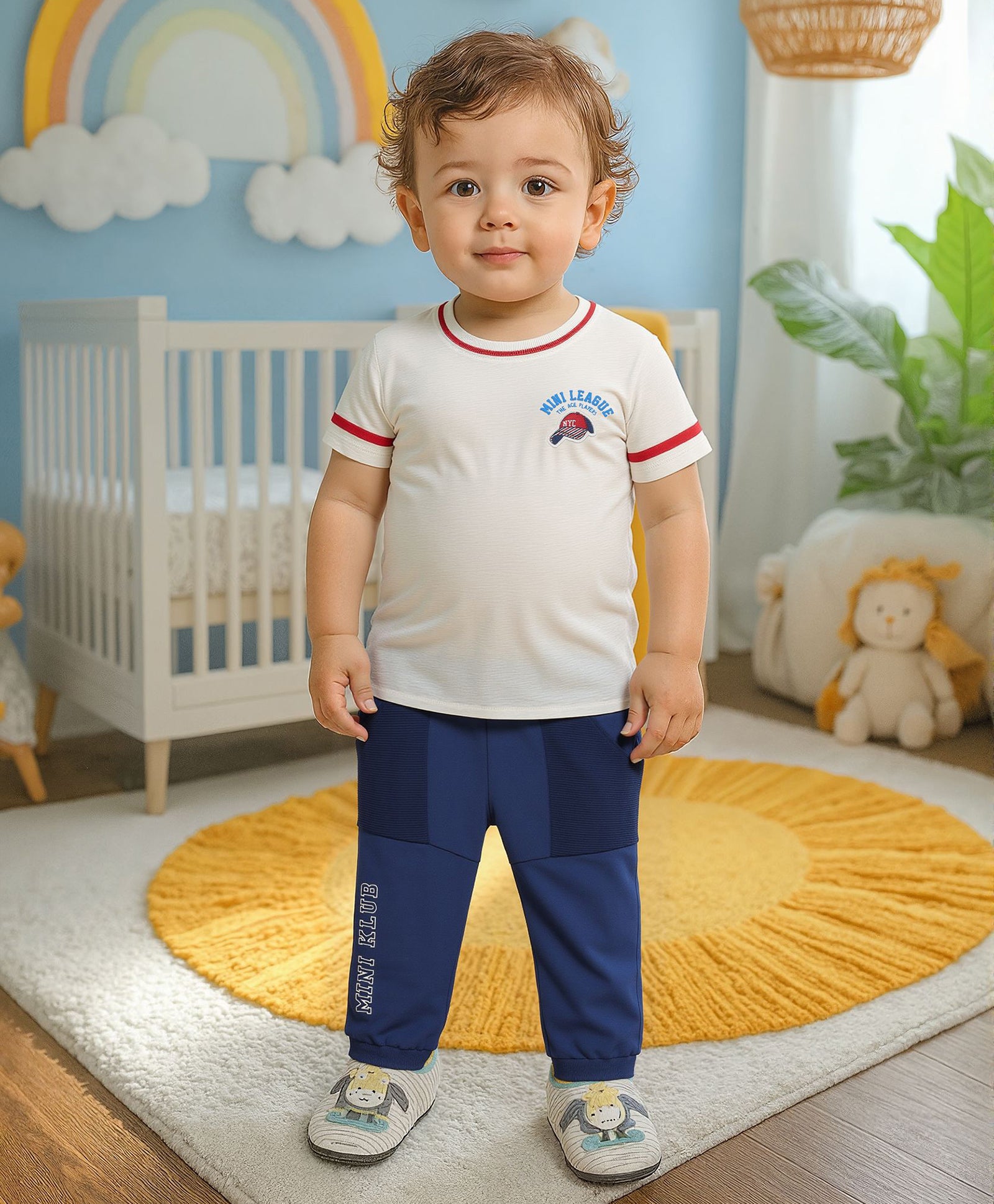 Baby Boys Solid Knit Jogger Pants with Branding, Navy Blue
