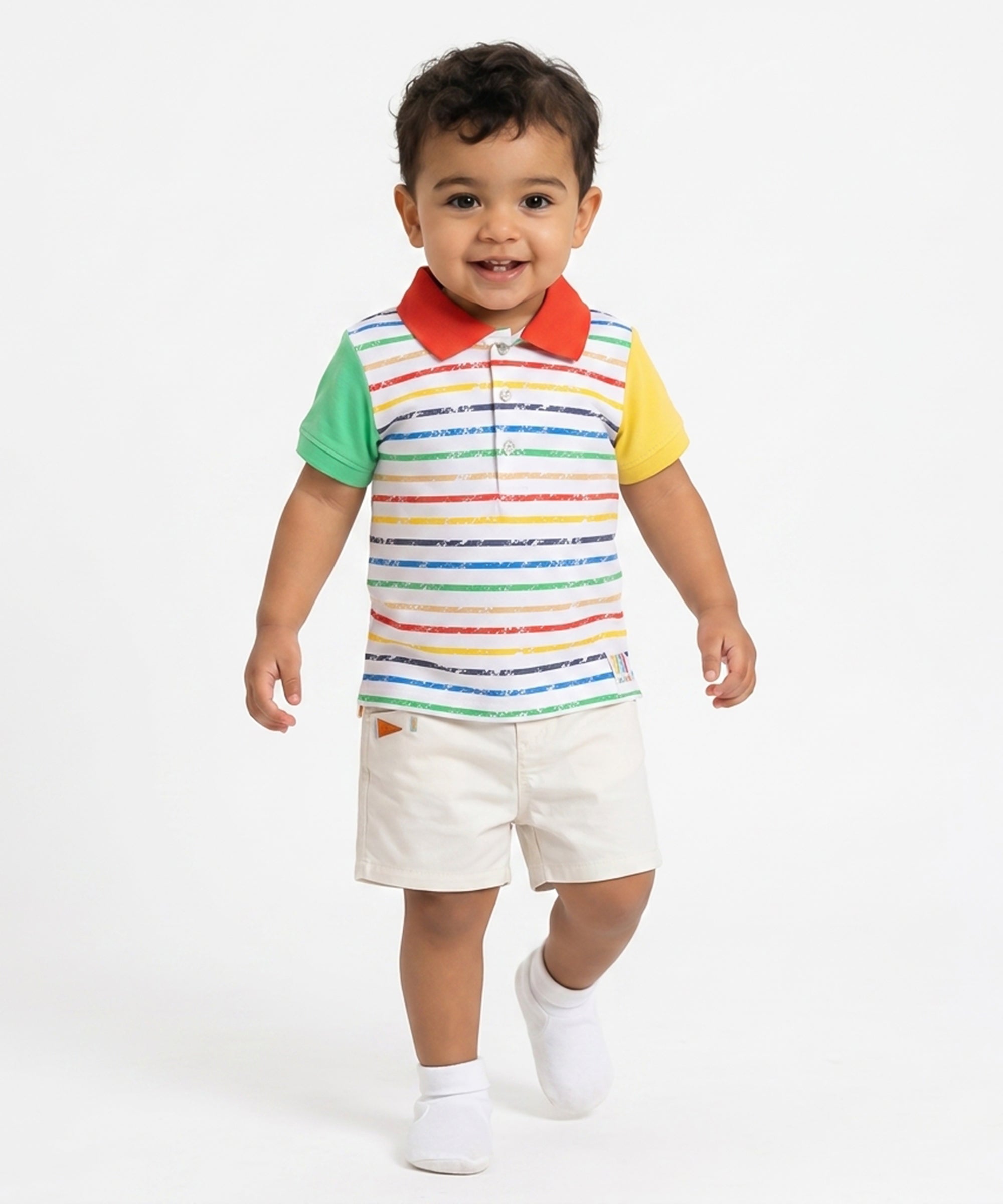 Baby Boys Striped Polo T-Shirt, White with Red, Yellow, Green and Blue Stripes
