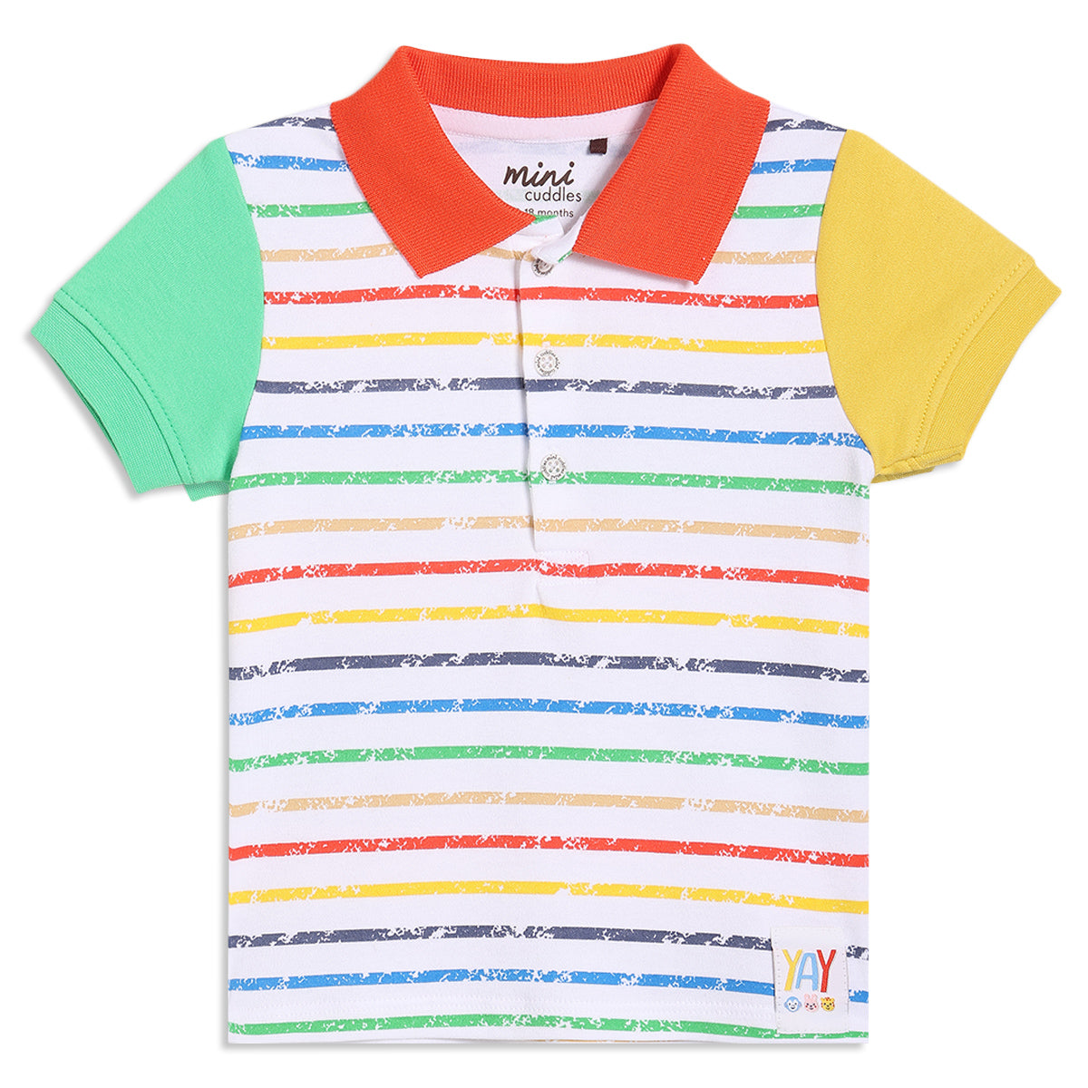 Baby Boys Striped Polo T-Shirt, White with Red, Yellow, Green and Blue Stripes