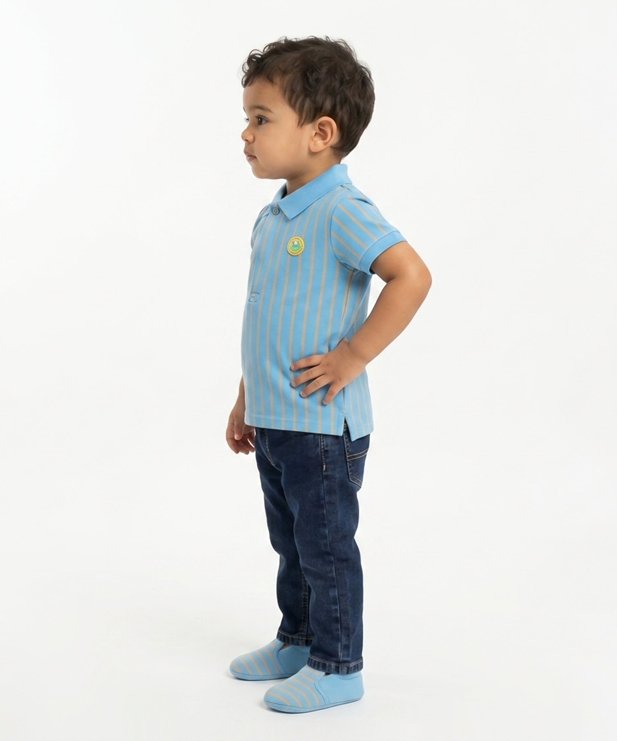 Baby Boys Striped Polo T-Shirt, Blue with Beige Stripes