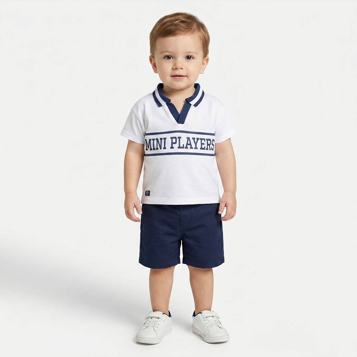 Boys White and Navy Blue Polo T-Shirt with Typography Print