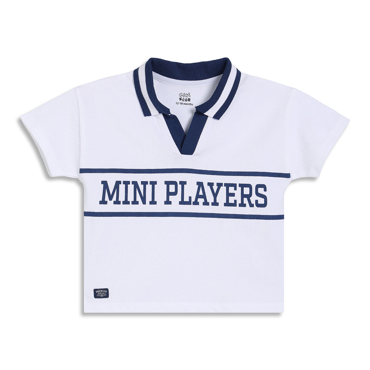 Boys White and Navy Blue Polo T-Shirt with Typography Print