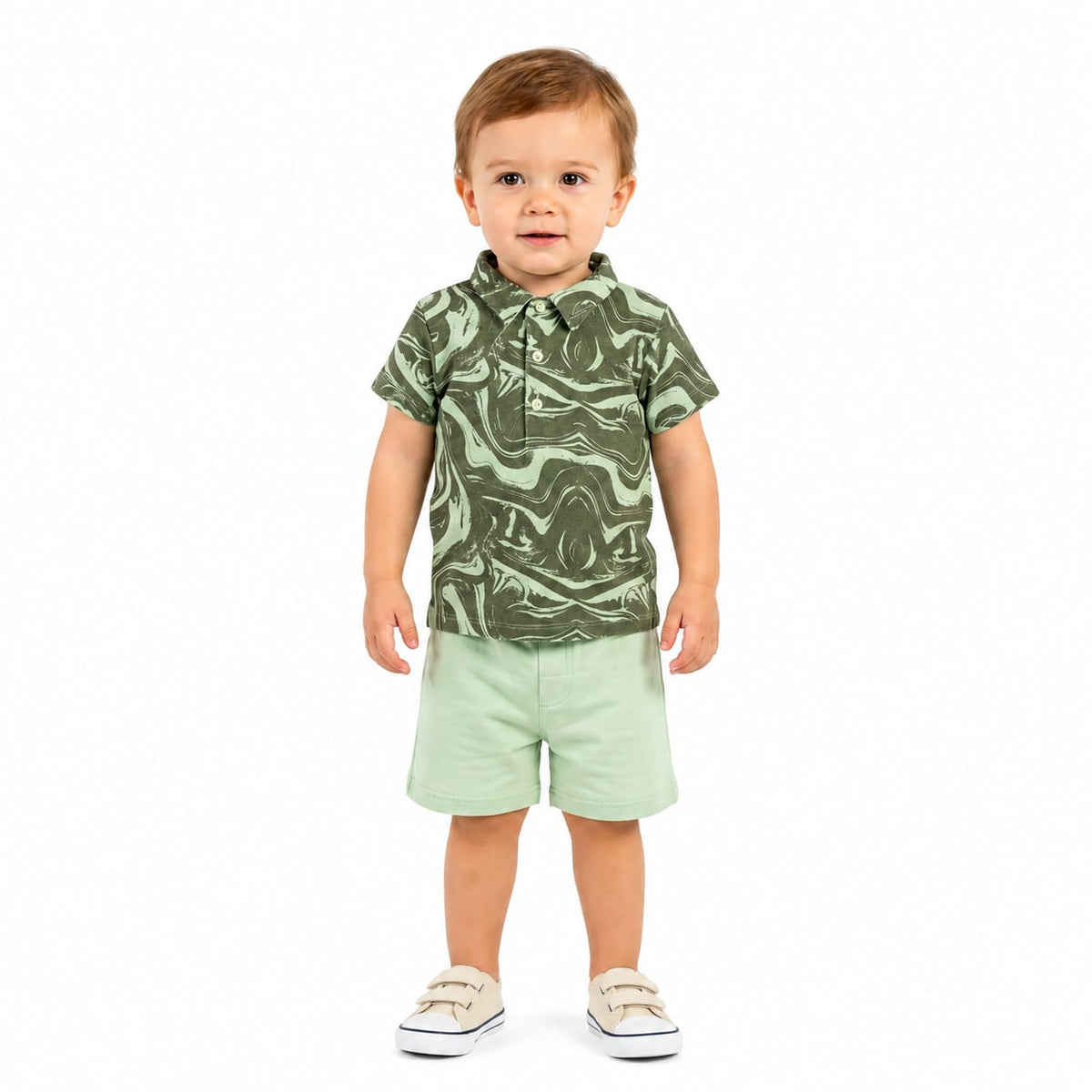 Boys Abstract Printed Polo T-Shirt, Olive Green and Sage Green