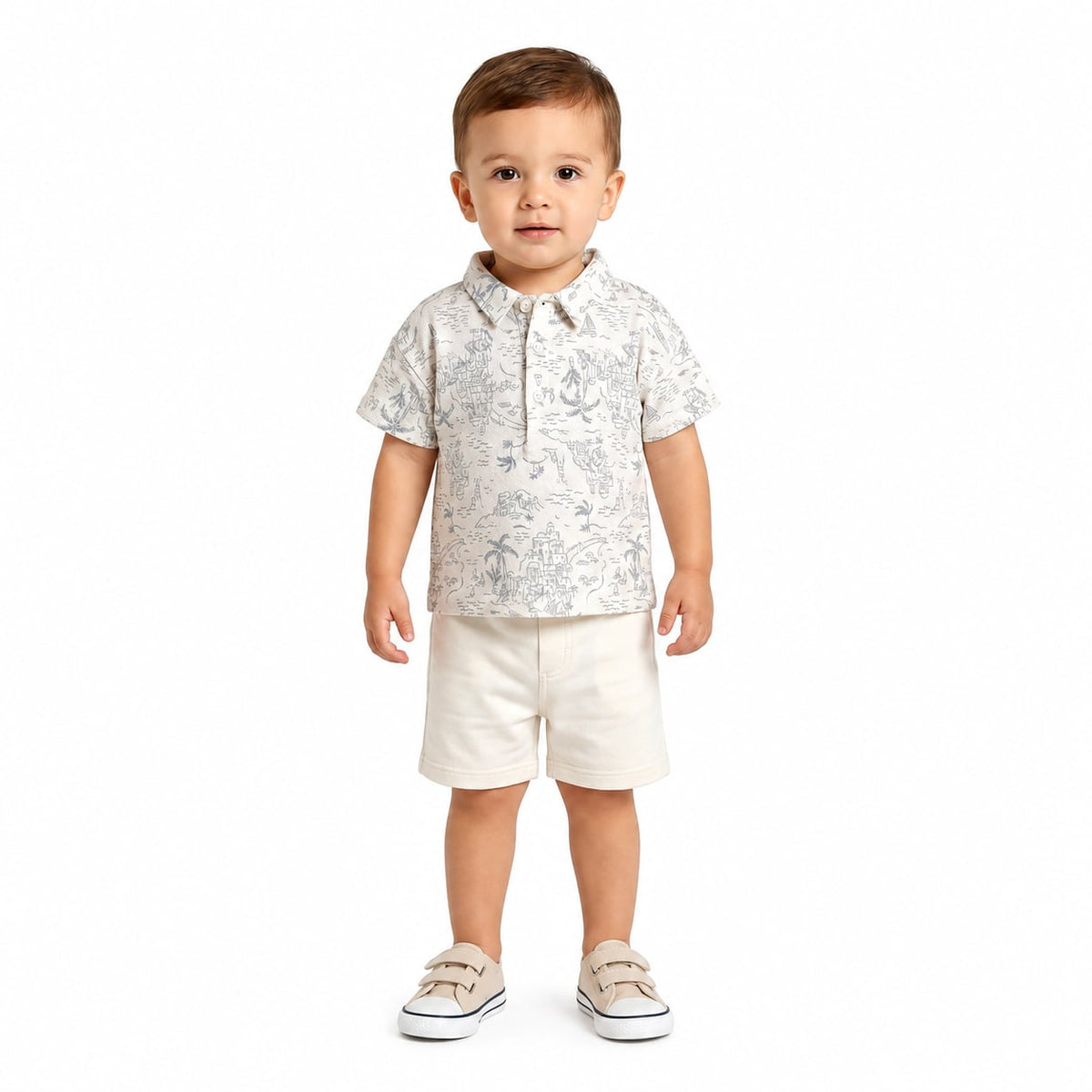 Boys Printed Polo T-Shirt, Cream and Blue