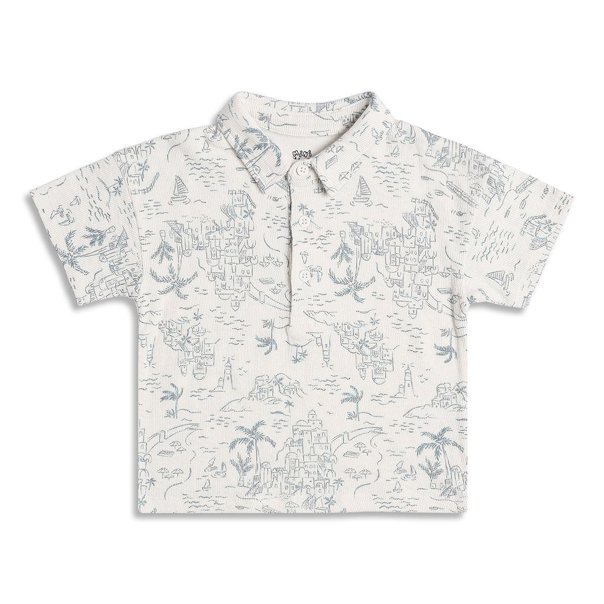 Boys Printed Polo T-Shirt, Cream and Blue