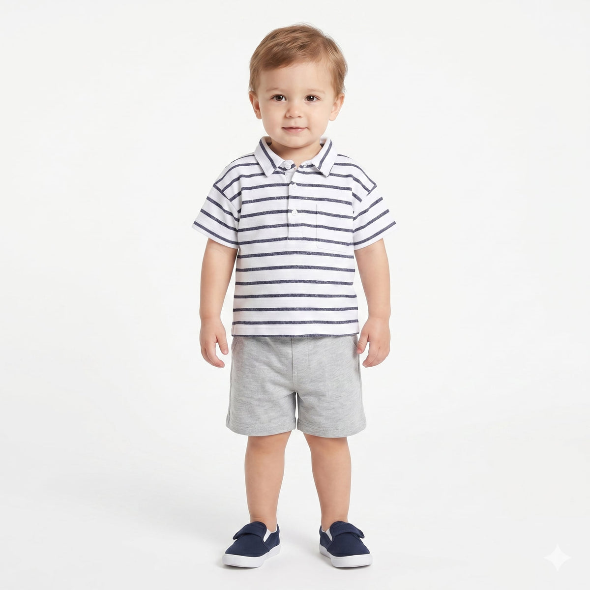 Boys Striped Polo T-Shirt, White and Navy Blue