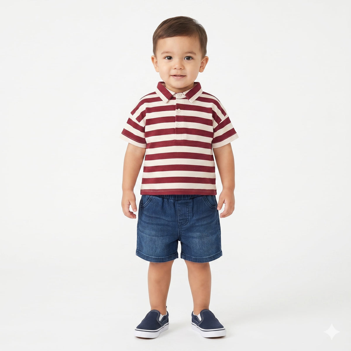 Boys Striped Polo T-Shirt, Maroon and Cream