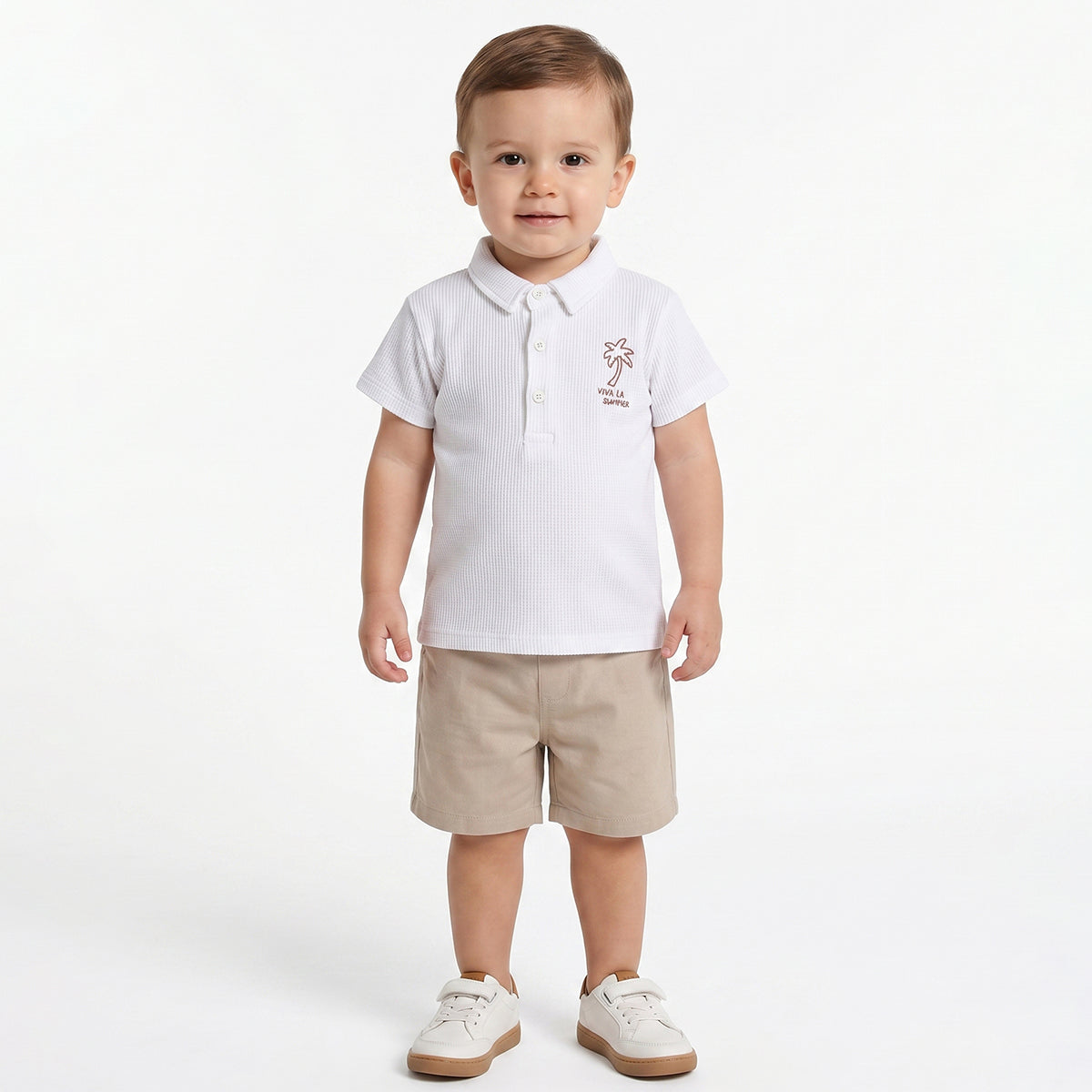 Baby Boys White Textured Cotton Polo T-Shirt Regular Fit Casual Kids T-Shirt
