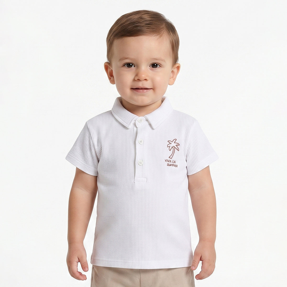 Baby Boys White Textured Cotton Polo T-Shirt Regular Fit Casual Kids T-Shirt