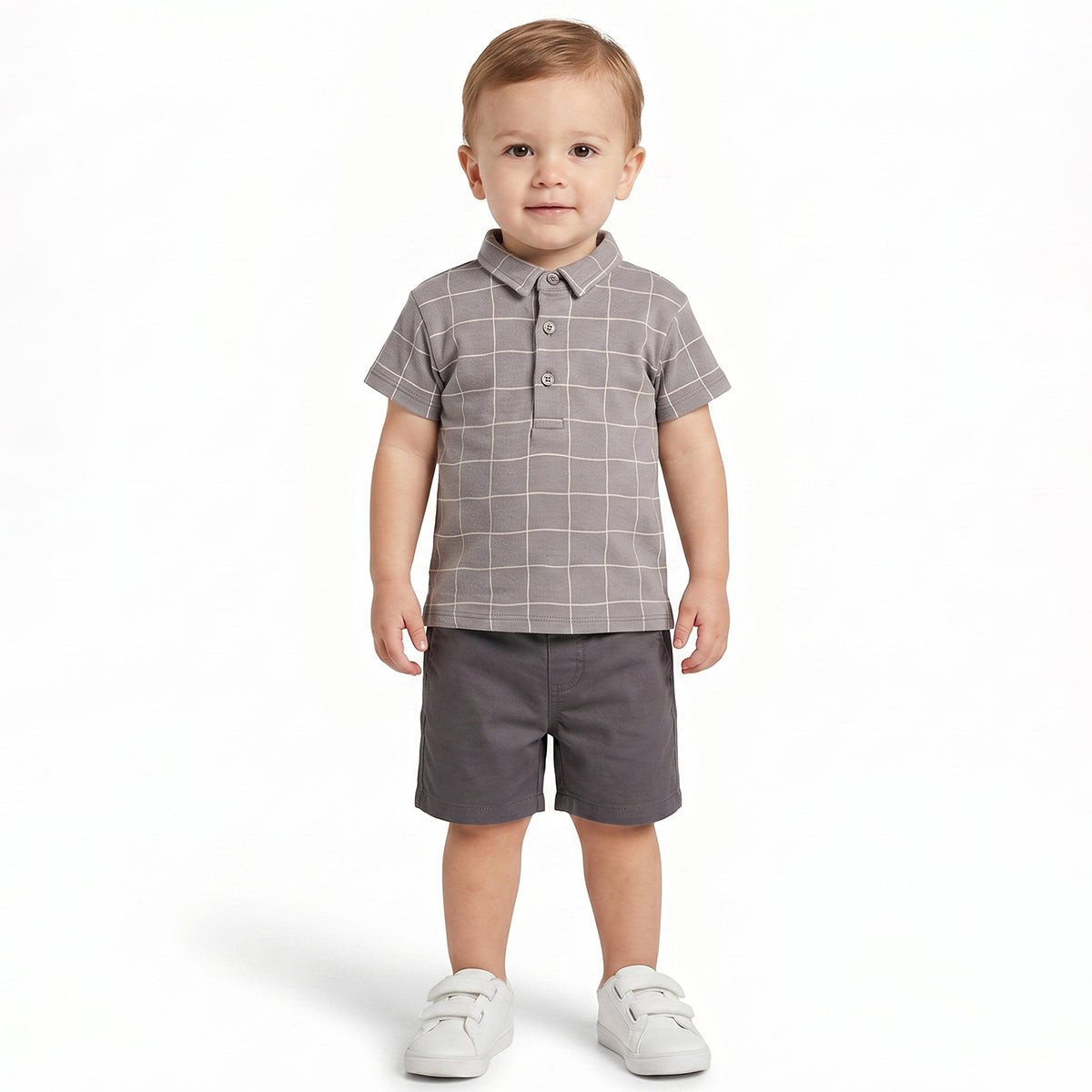 Baby Boys Grey Checked Cotton Polo T-Shirt Regular Fit Casual Kids T-Shirt