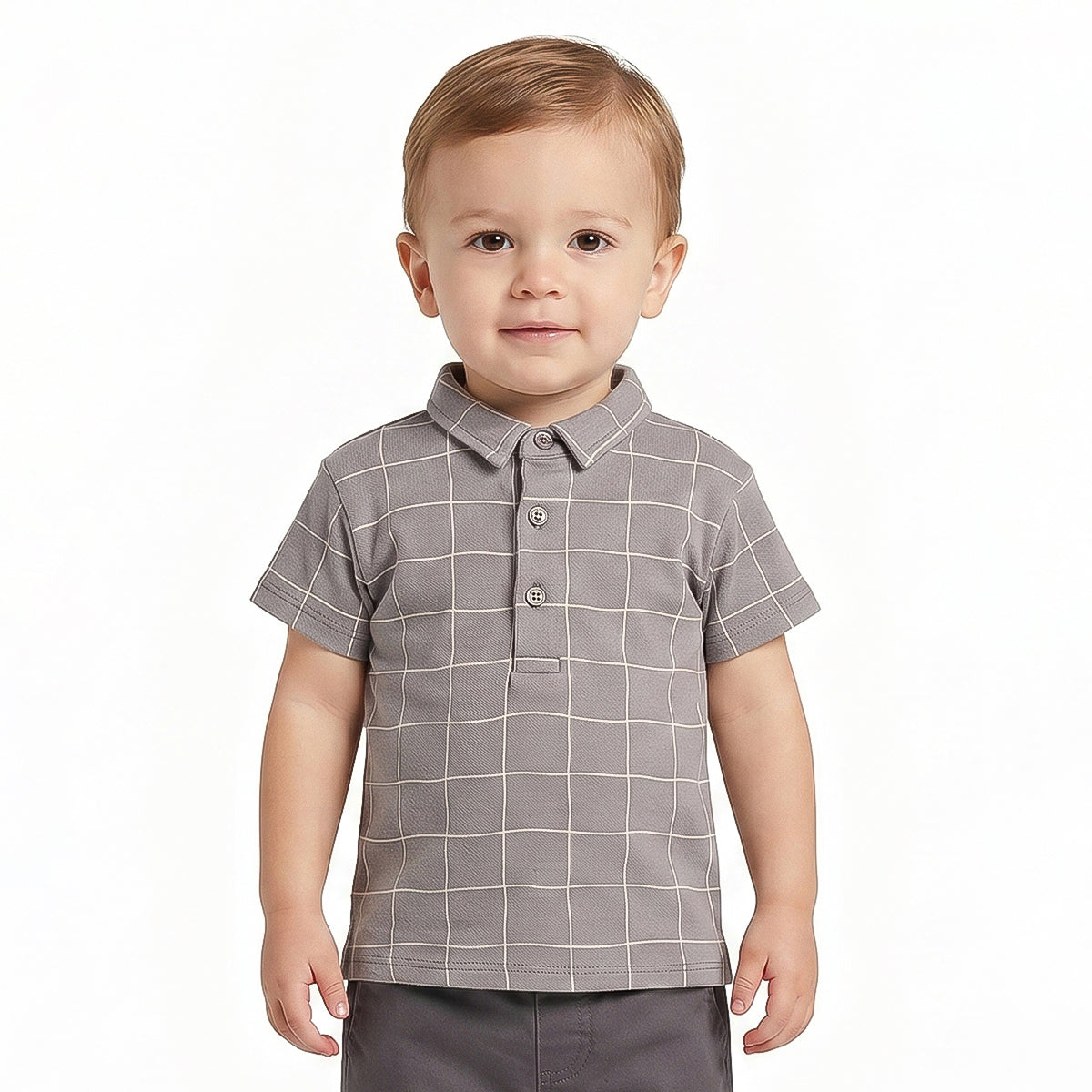 Baby Boys Grey Checked Cotton Polo T-Shirt Regular Fit Casual Kids T-Shirt