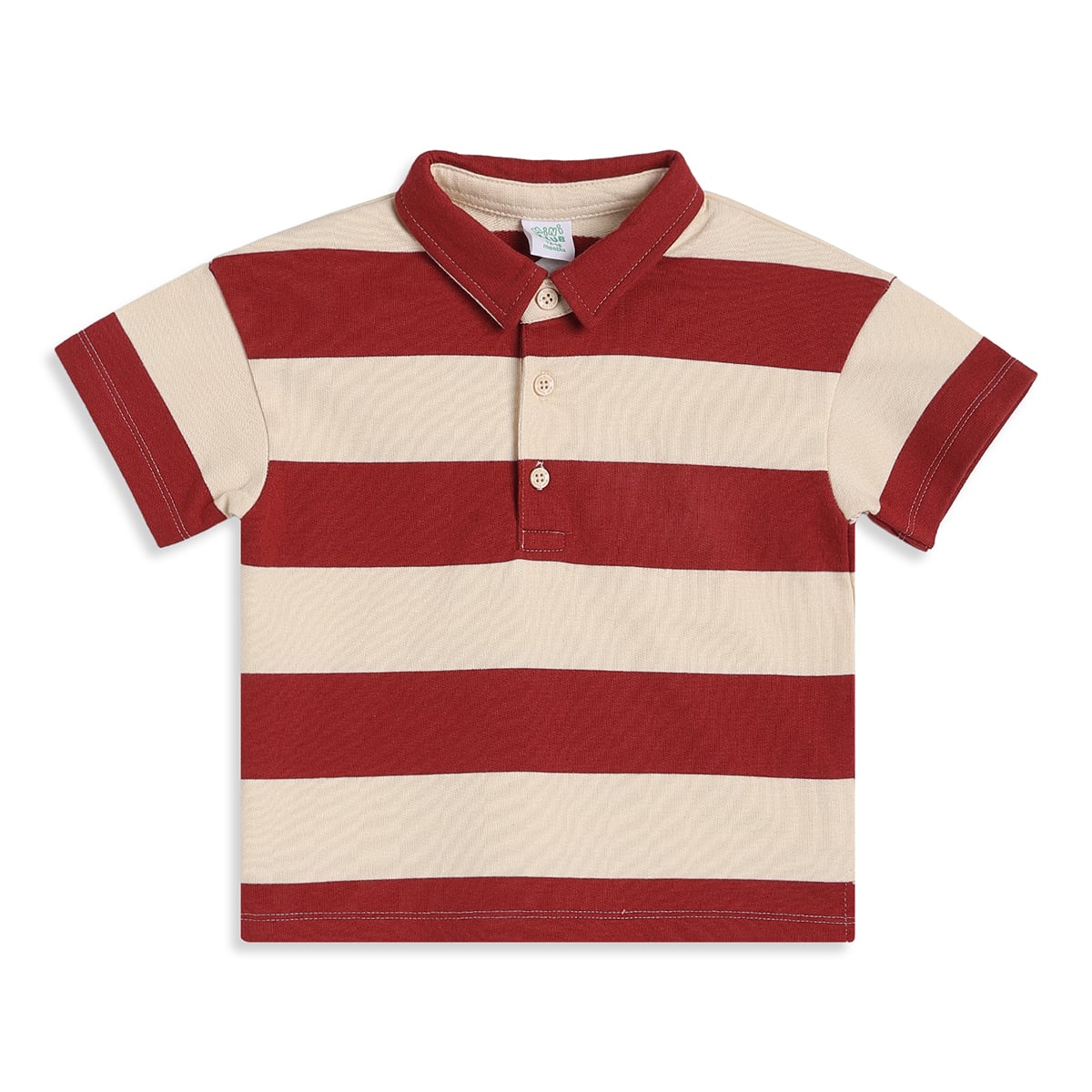 Baby Boys Rust Red And Cream Cotton Striped Polo T-Shirt Regular Fit Casual Wear