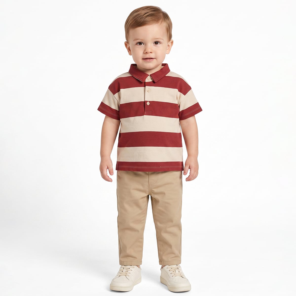 Baby Boys Rust Red And Cream Cotton Striped Polo T-Shirt Regular Fit Casual Wear