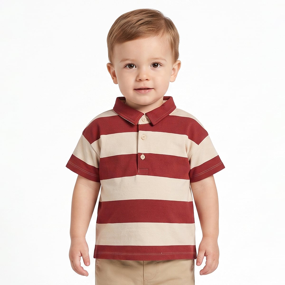 Baby Boys Rust Red And Cream Cotton Striped Polo T-Shirt Regular Fit Casual Wear