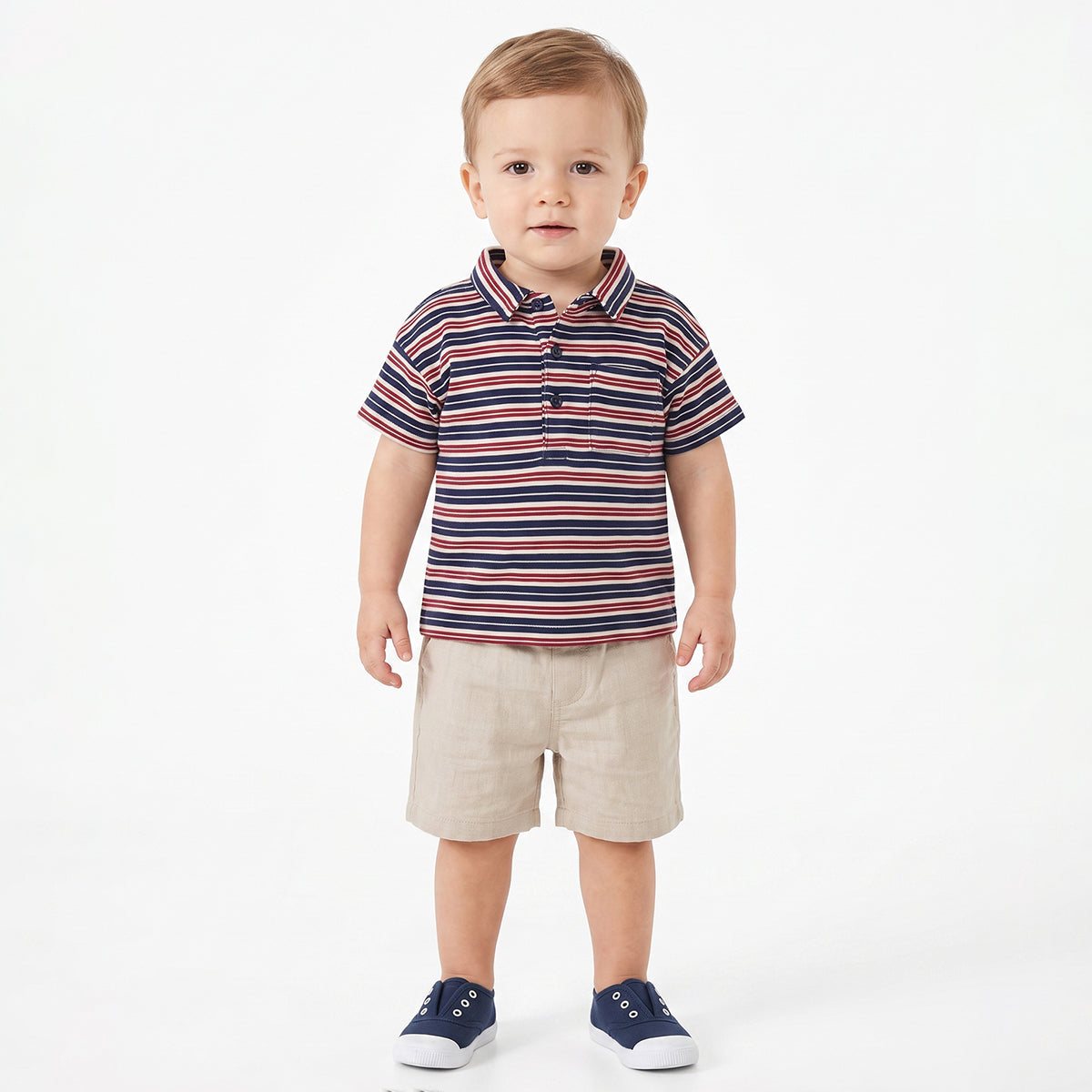 Baby Boys Navy Blue, White & Red Striped Cotton Polo T-Shirt Regular Fit Casual Wear