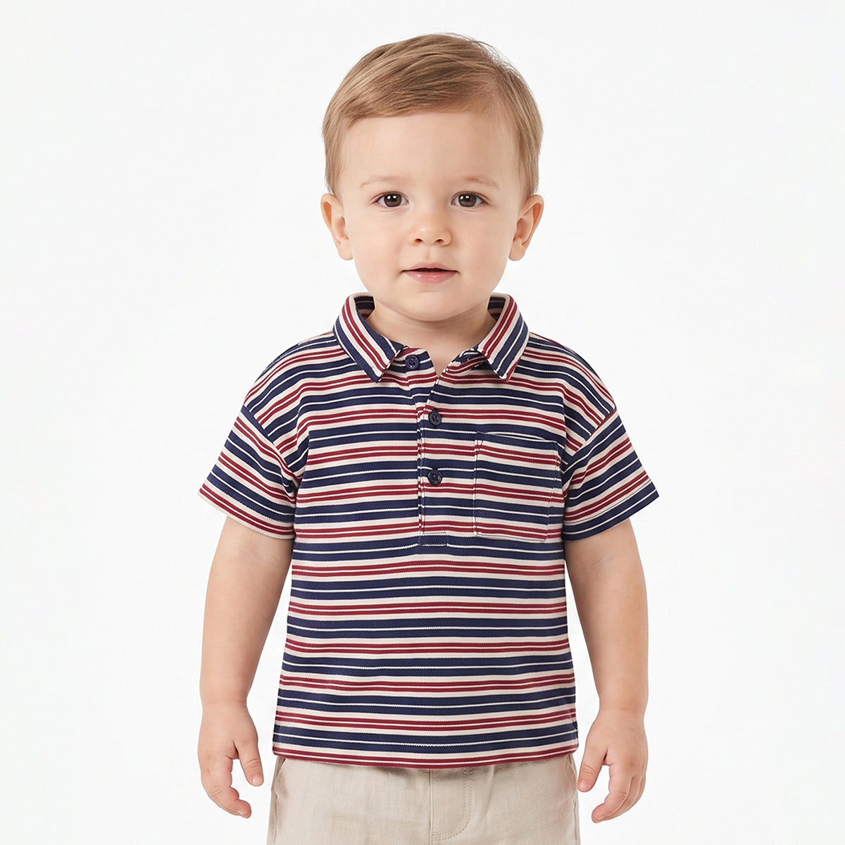 Baby Boys Navy Blue, White & Red Striped Cotton Polo T-Shirt Regular Fit Casual Wear