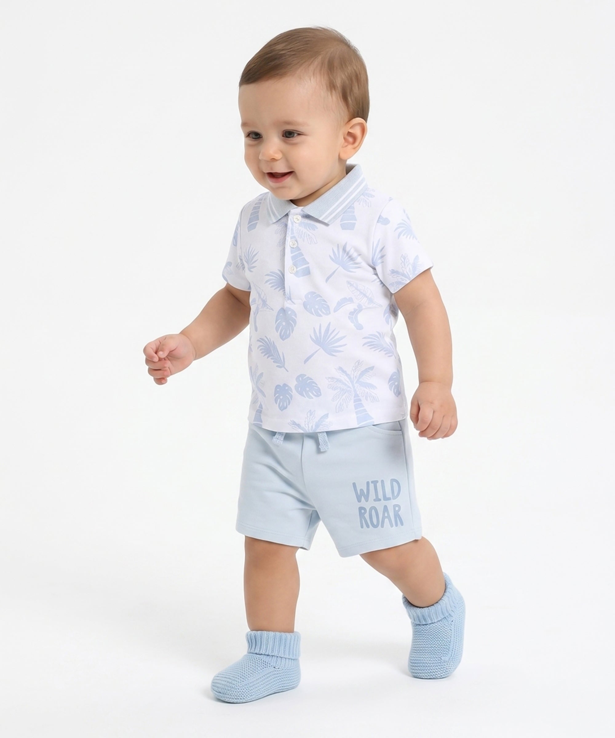 Baby Boys Tropical Print Polo T-Shirt, White and Light Blue