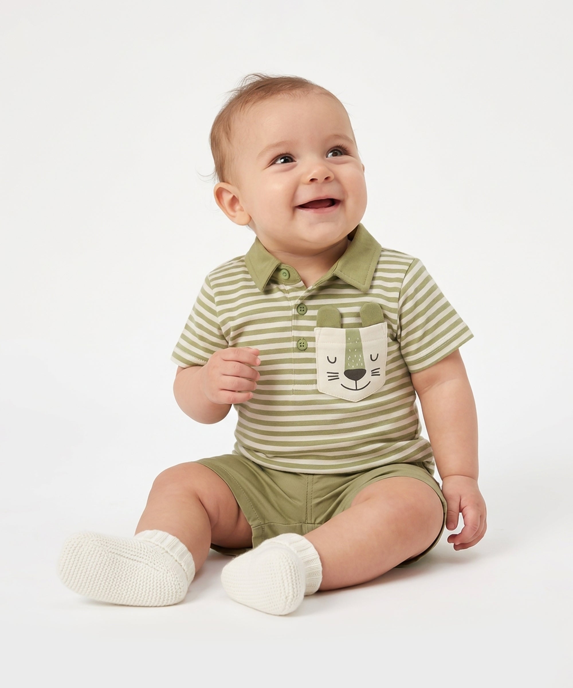 Baby Boys Striped Polo T-Shirt with Animal Pocket Detail, Olive Green and White