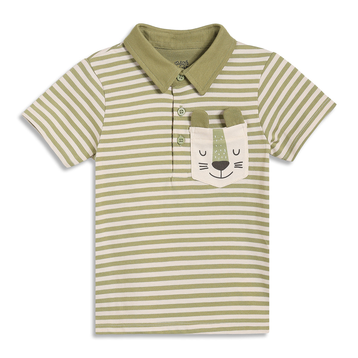 Baby Boys Striped Polo T-Shirt with Animal Pocket Detail, Olive Green and White