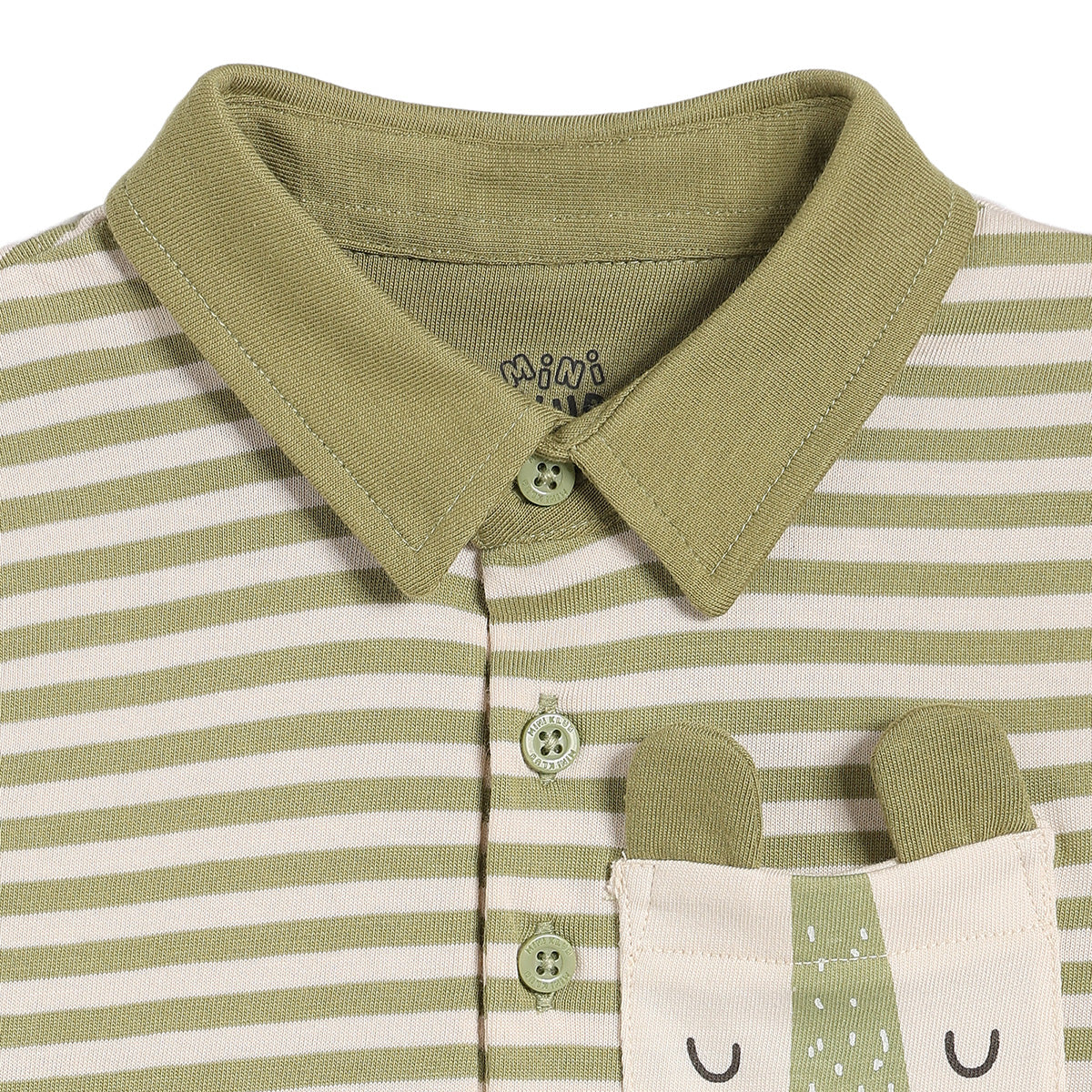 Baby Boys Striped Polo T-Shirt with Animal Pocket Detail, Olive Green and White