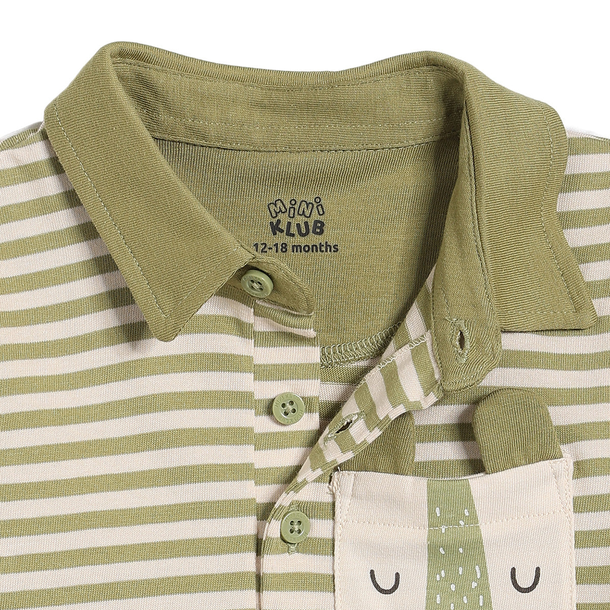Baby Boys Striped Polo T-Shirt with Animal Pocket Detail, Olive Green and White