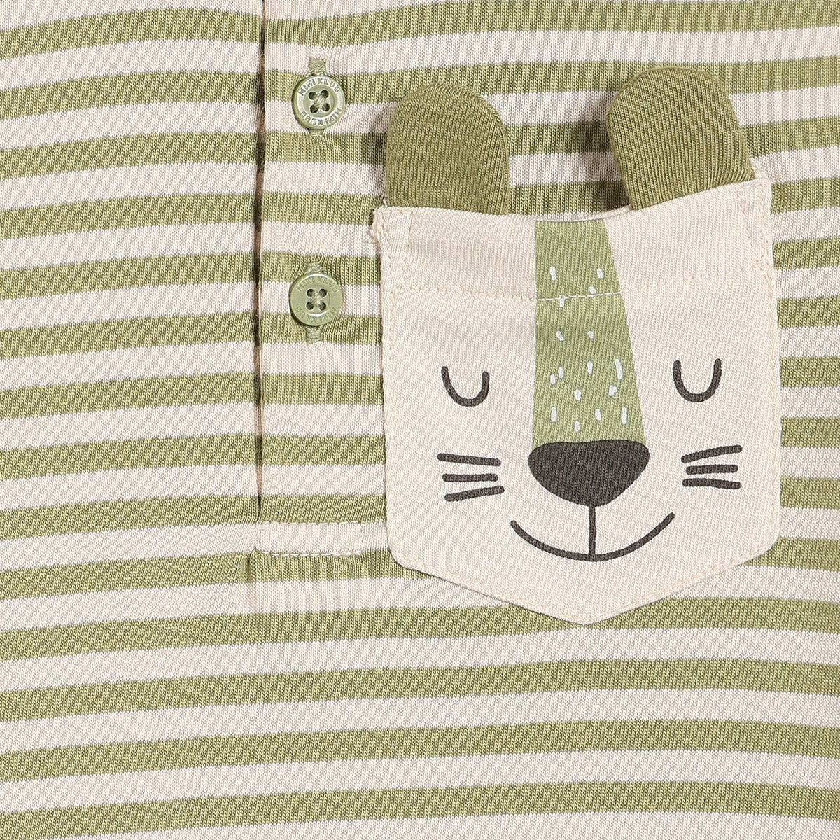 Baby Boys Striped Polo T-Shirt with Animal Pocket Detail, Olive Green and White
