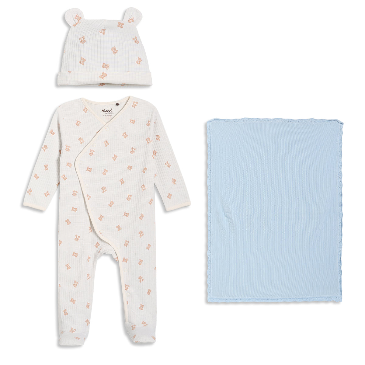 Baby Boys Teddy Print Sleepsuit with Cap and Blanket Set, Blue & Cream