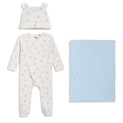 Baby Boys Teddy Print Sleepsuit with Cap and Blanket Set, Blue & Cream