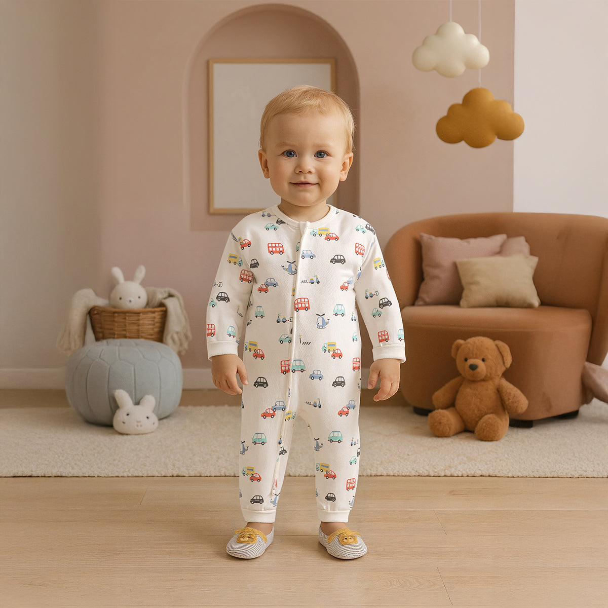 Baby Boys All-Over Vehicle Printed Romper, Multicolour