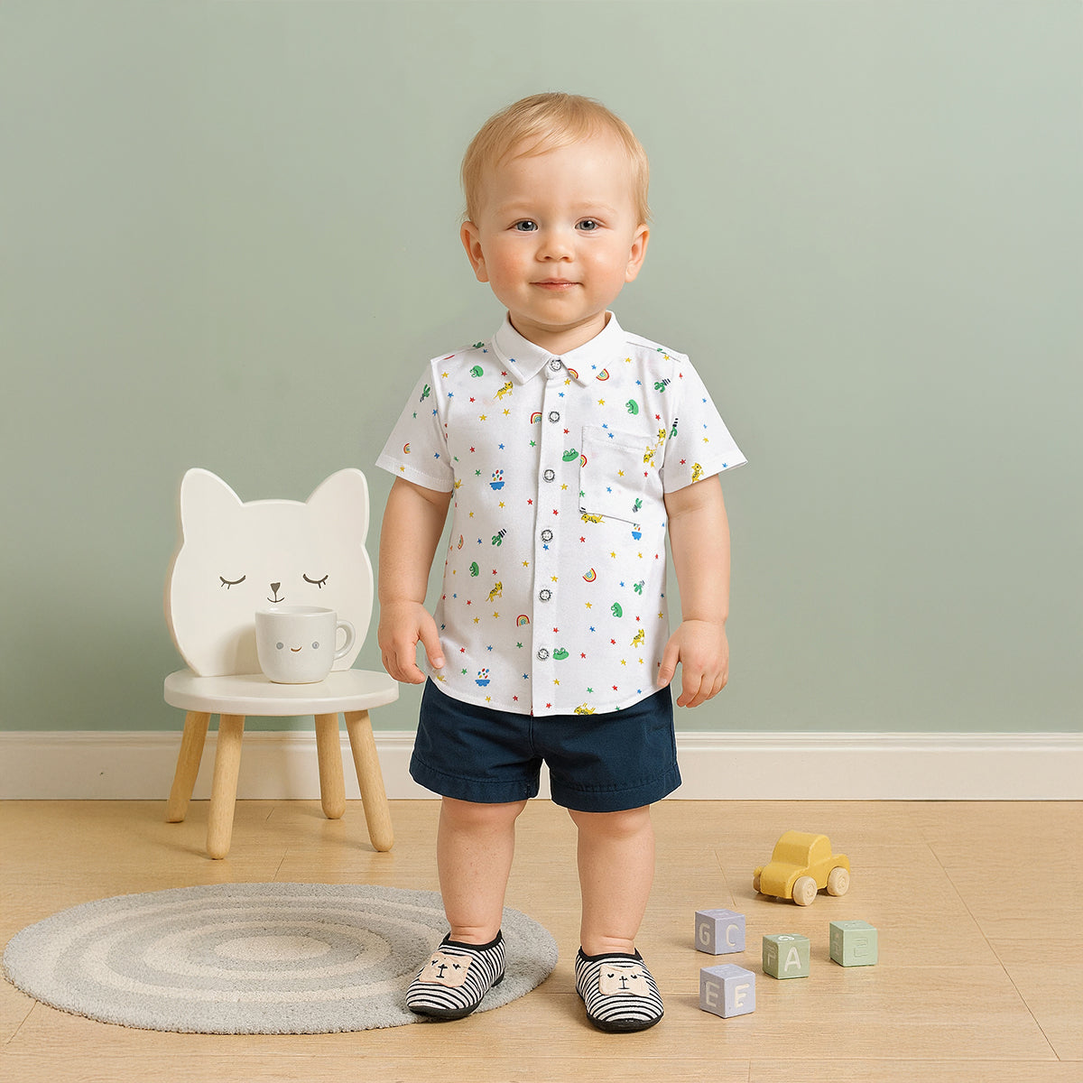 Baby Boys All-Over Animal & Star Printed Shirt, Multicolour