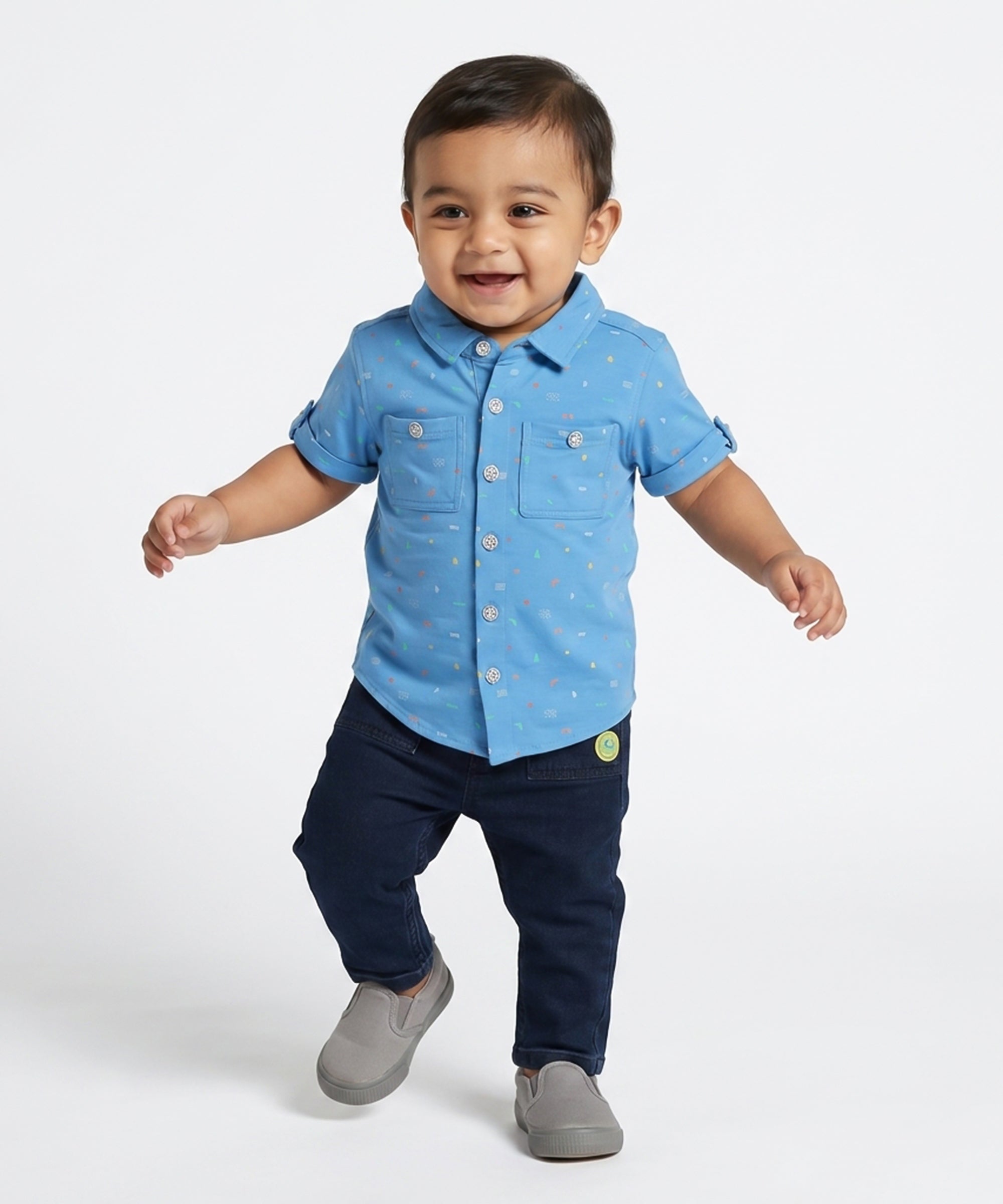 Baby Boys Printed Shirt with Chest Pockets, Blue