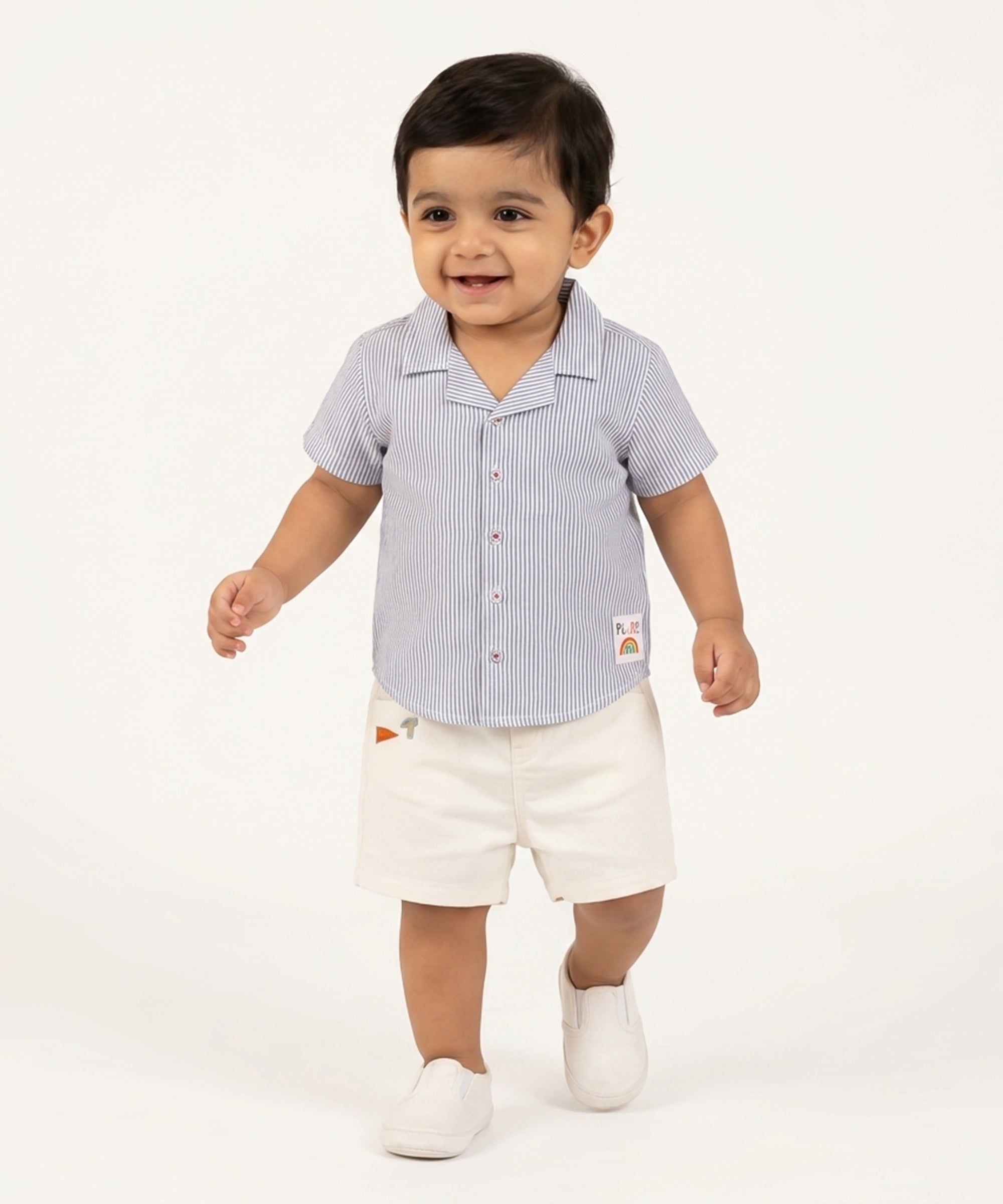 Baby Boys Striped Collared Shirt with Button Closure ,Blue & White