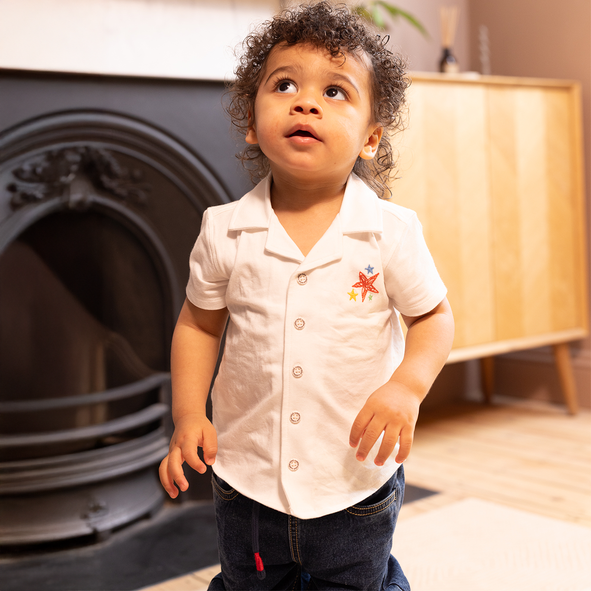 Baby Boys Solid Shirt with Star Embroidery, White