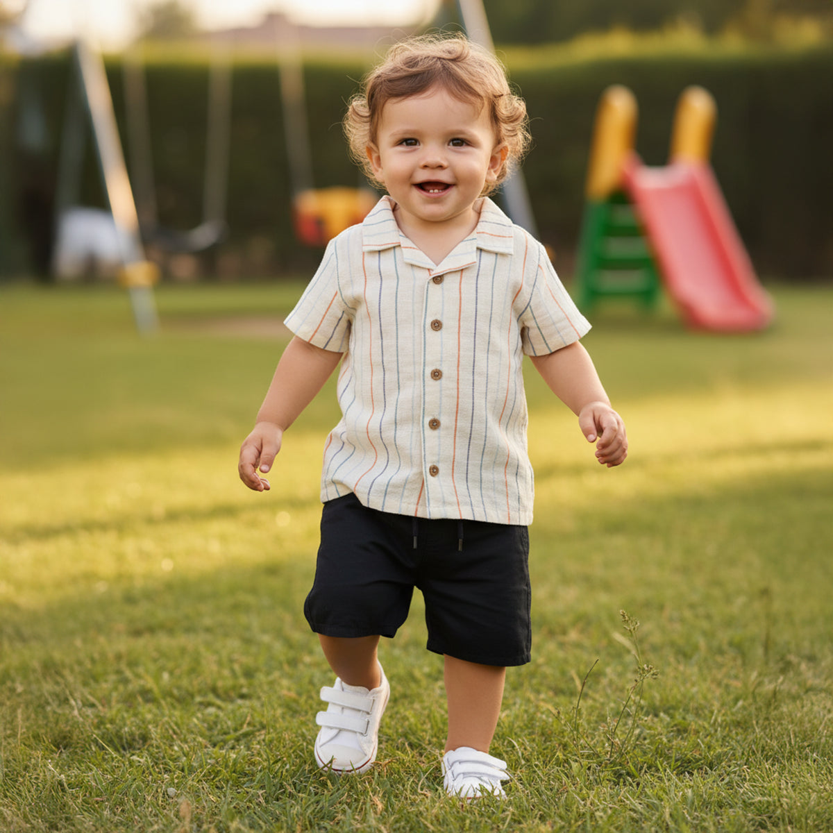 Baby Boys Striped Short Sleeve Shirt with Button Front – Cream