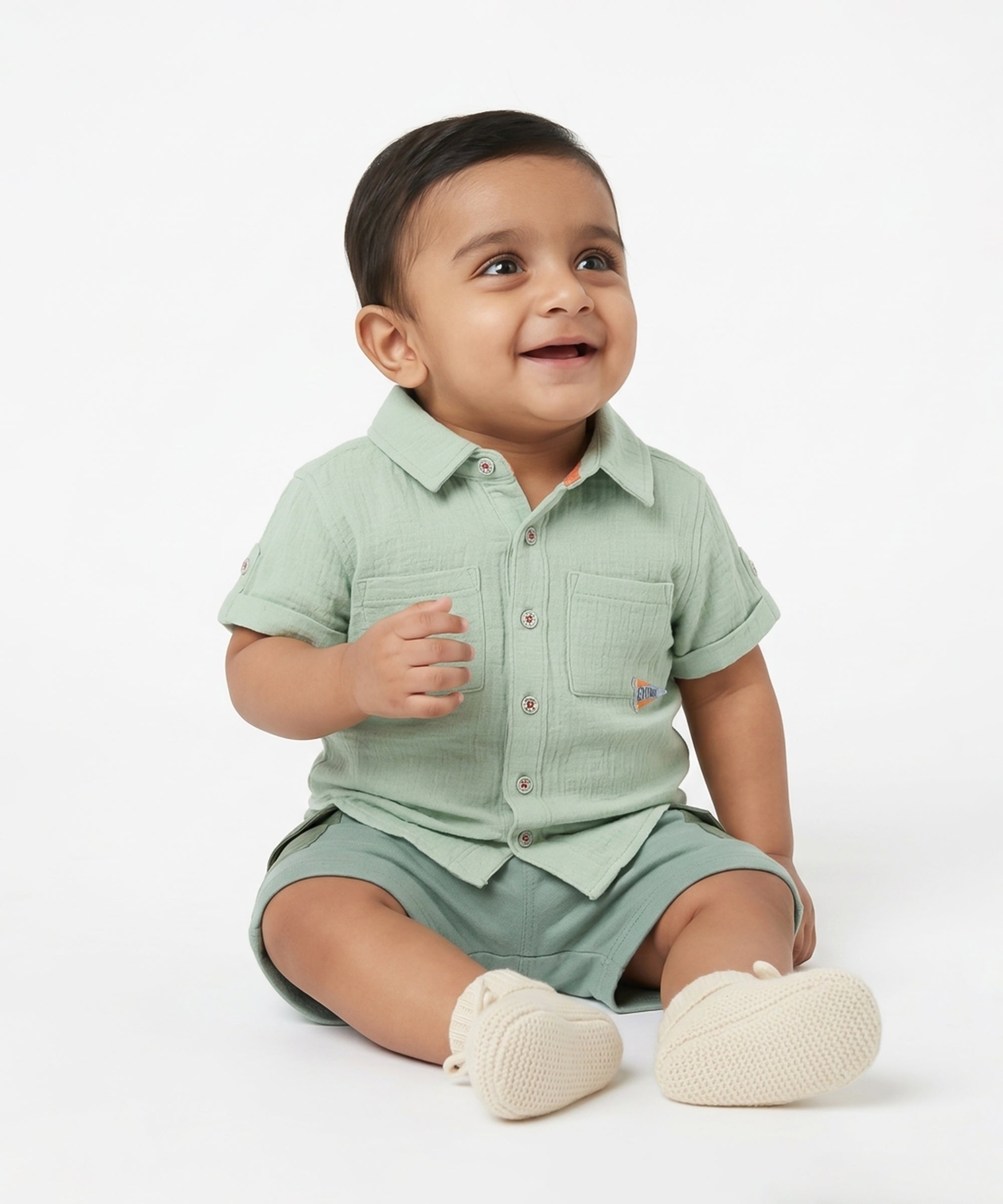 Baby Boys Solid Short Sleeve Shirt with Applique Detail – Mint Green