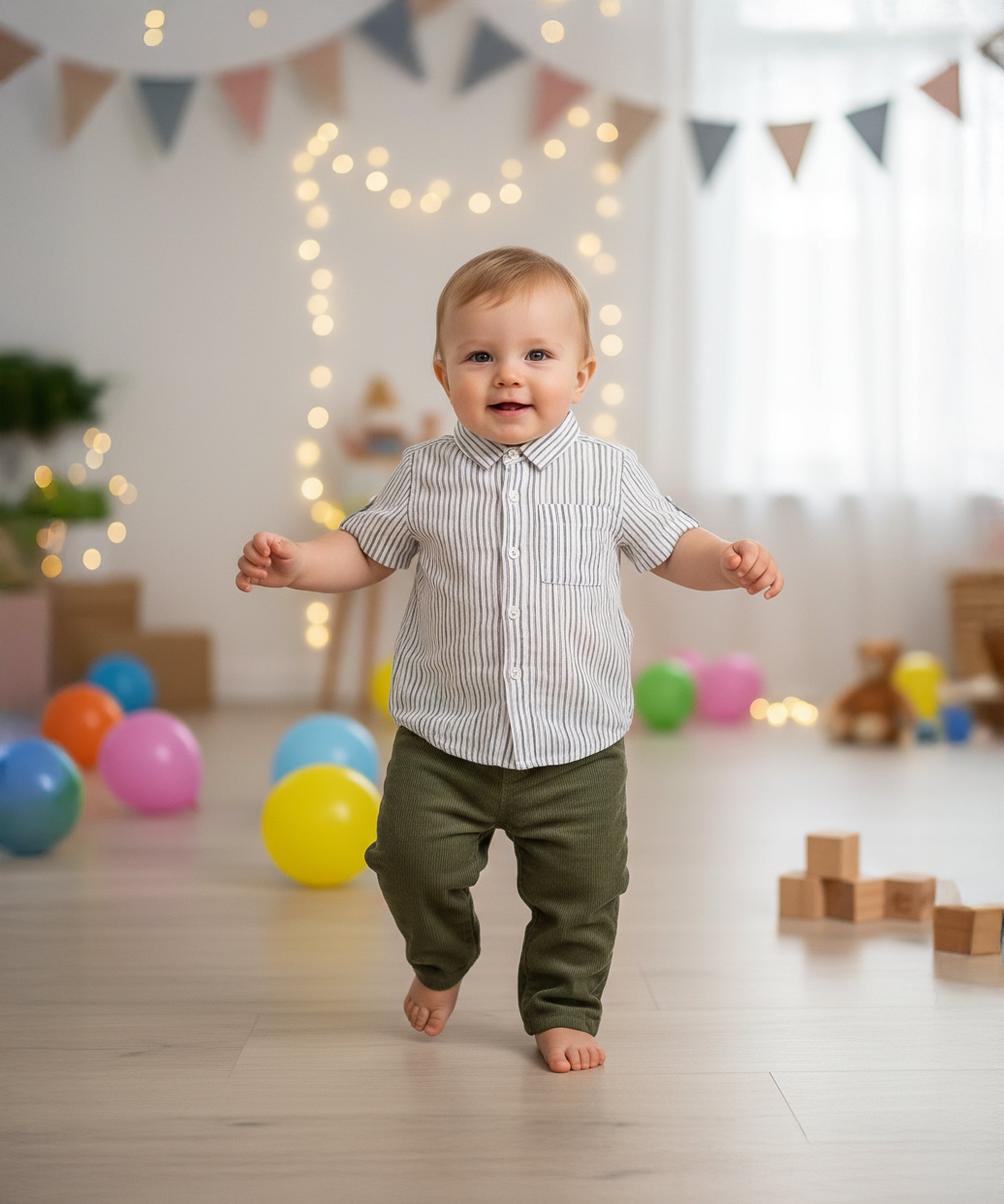 Baby Boys Striped Shirt, White and Grey