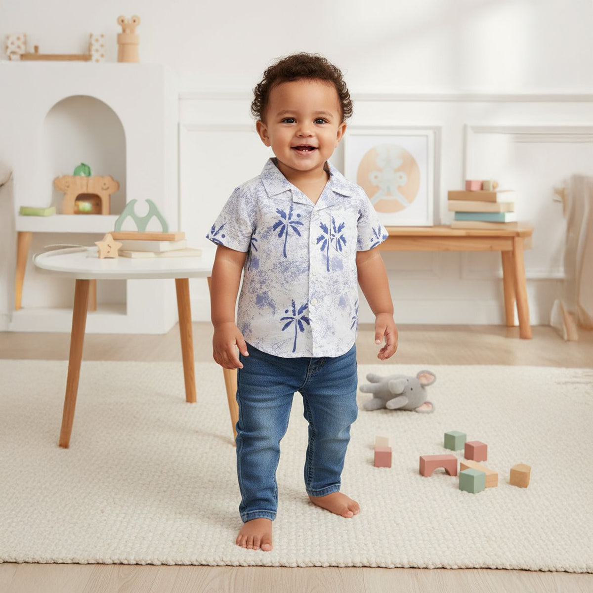 Baby Boys All Over Palm Print Shirt, White and Blue
