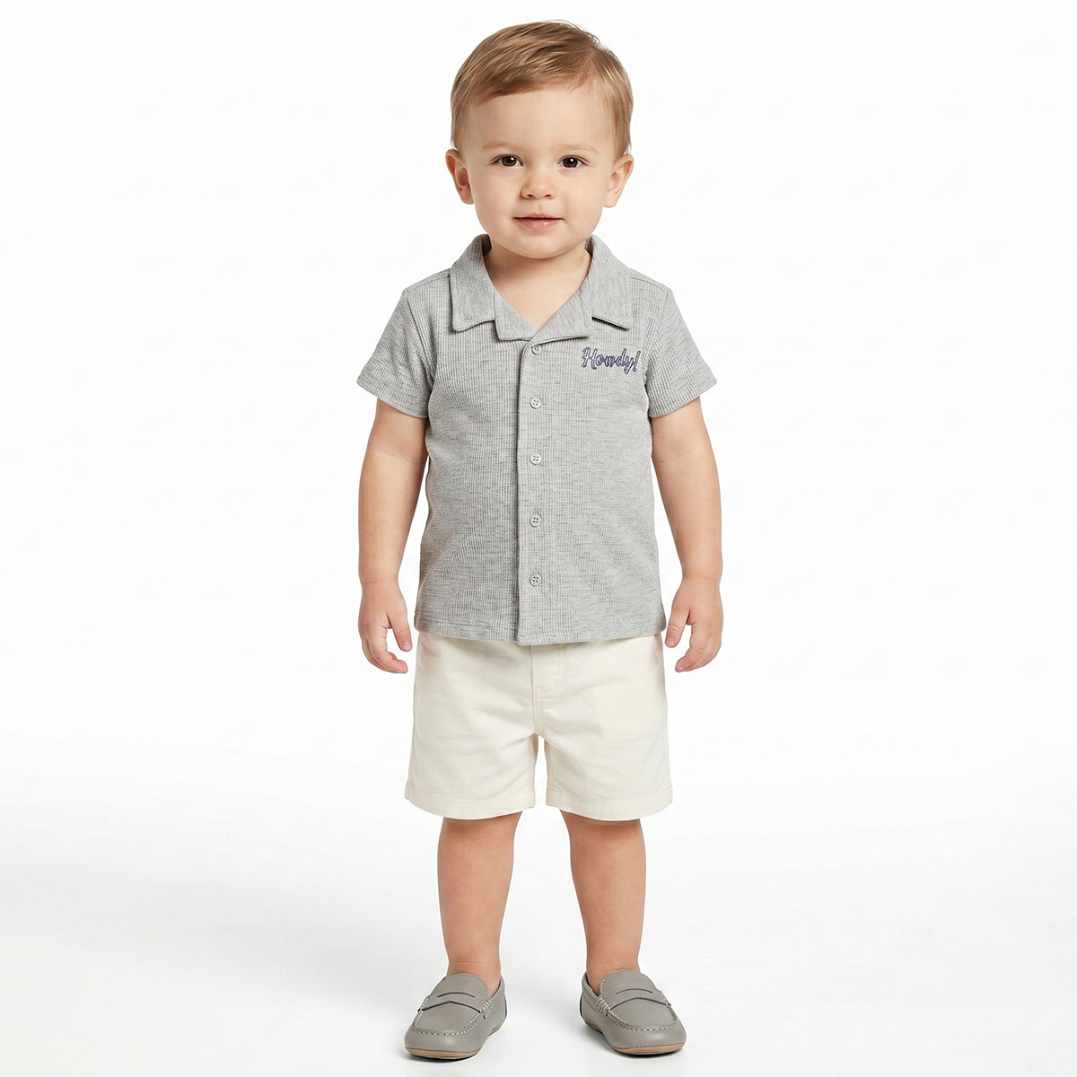 Baby Boys Grey Textured Cotton Casual Shirt Regular Fit Half Sleeves Kids Shirt