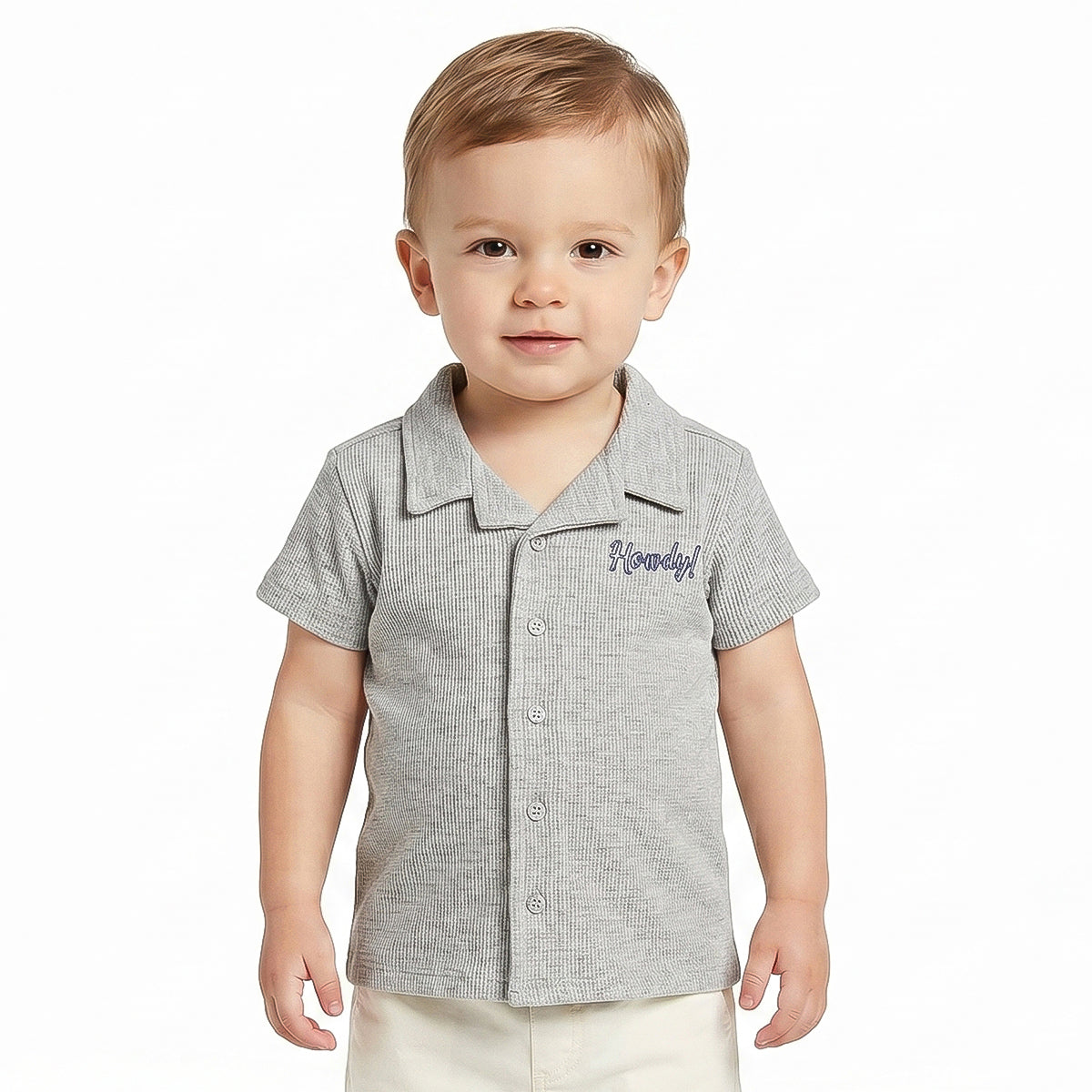 Baby Boys Grey Textured Cotton Casual Shirt Regular Fit Half Sleeves Kids Shirt