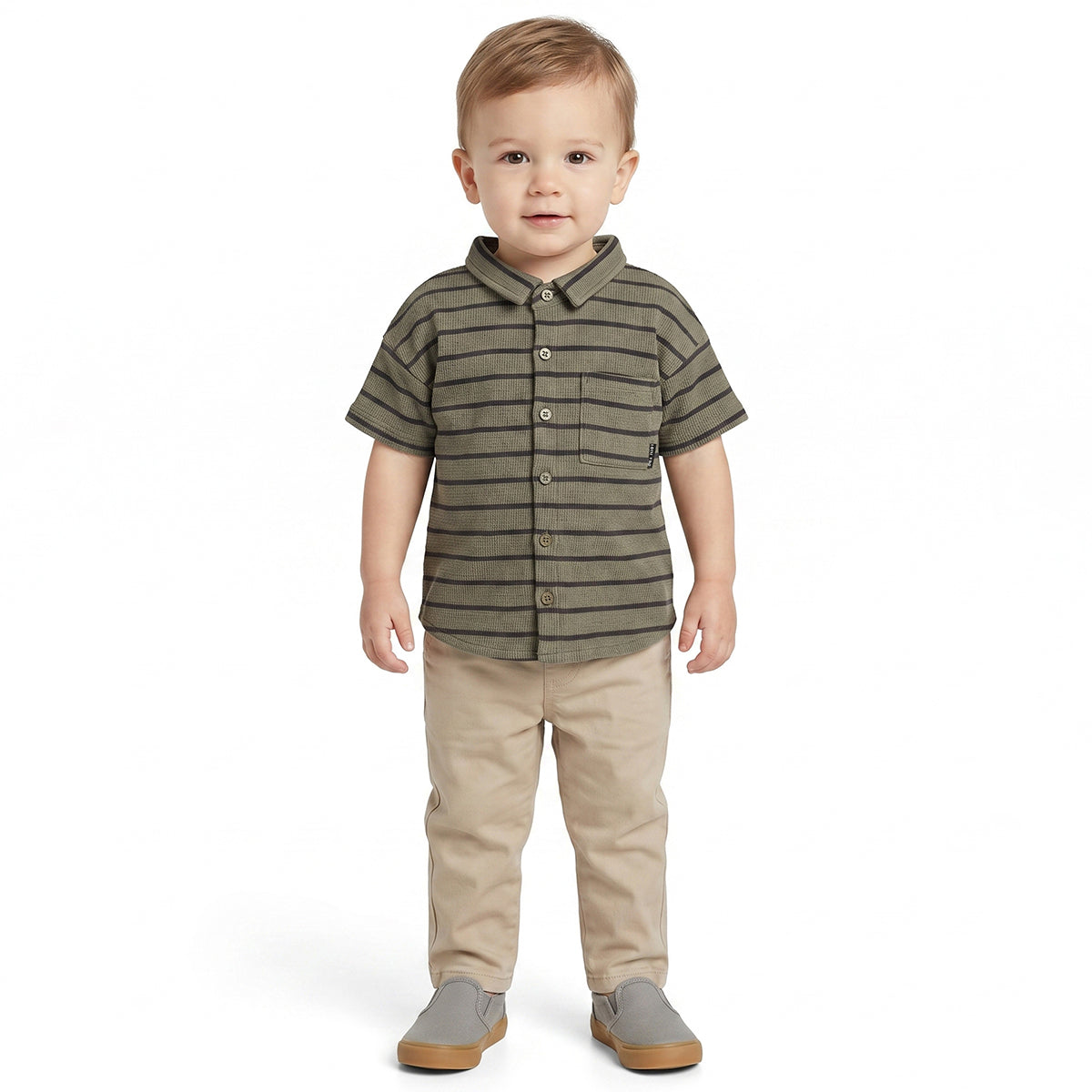 Baby Boys Olive & Black Striped Textured Half Sleeves Casual Shirt